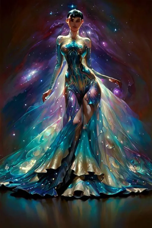 Prompt: An intergalactic dress. A beautiful woman wearing an ethereal dress that contains that universe. by Andrew atroshenko, James Jean, Mark Ryden, charlie bowater, WLOP , H. R. Giger. Shimmer, glossy