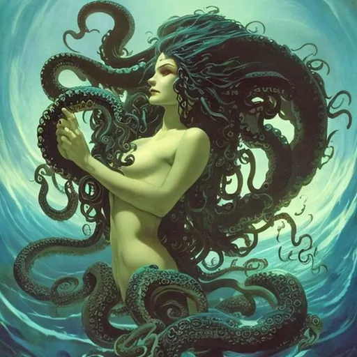 Prompt: a sea witch with a pretty face, long flowing hair, serpent, octopus wings, frank frazetta, brom 