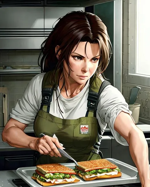 Prompt: movie poster art (((Yoji Shinkawa))), sticker of ultra detailed portrait of Sandra Bullock making a sandwich in the kitchen , full body, high quality cell shaded illustration in post apocalyptic style by Yoji Shinkawa, ((full body)), dynamic pose, perfect anatomy, centered, freedom, soul, approach to perfection, cell shading, 4k , cinematic dramatic atmosphere, watercolor painting, global illumination, detailed and intricate environment, artstation, concept art, fluid and sharp focus, volumetric lighting, cinematic lighting, Art by Yoji Shinkawa,
