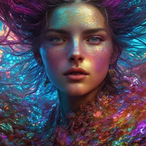 Prompt: Digital Art, Color Field Painting, Colorful, Super-Resolution, Angelic, Lonely, Powerful, Essence, Cinematic Lighting, Moody Lighting, Shimmering, Prismatic, Parallax. image of a fantasy female, up-close portrait.
 made of fractal gems, fractal crystals, intricate details, hyperrealistic, octane render, very colorful, vibrant, cinematic, ornate, luxury, elite,
