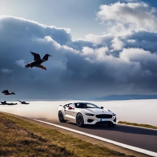 Prompt: Cars racing on clouds, a bird flying over them