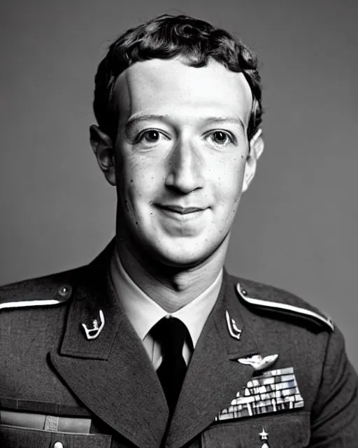 Prompt: Mark Zuckerberg as historic famous vintage 1944 World War II portrait photo of nerdy soldier veteran war hero in Facebook wwii