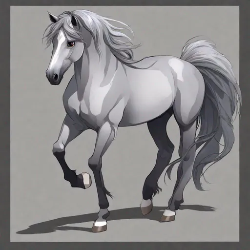 Prompt: Your OC is a little mangled horse, with gentle ash-gray eyes. He has a long grey mane and tail. 