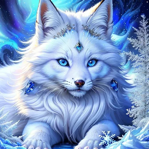 Prompt: remove fur, remove hair, auroras, (masterpiece, professional oil painting, epic digital art, best quality:1.5), insanely beautiful female ((fox)), (canine quadruped), adolescent, ice elemental, deep blue pelt covered in frost, bashful hypnotic sapphire blue eyes, gorgeous silver mane covered in snowflakes, plump, finely detailed fur, hyper detailed fur, (soft silky insanely detailed fur), moonlight beaming through clouds, grassy field covered in frost, cool colors, professional, symmetric, golden ratio, unreal engine, depth, volumetric lighting, rich oil medium, (brilliant auroras) fill the sky, (ice storm), full body focus, beautifully detailed background, cinematic, 64K, UHD, intricate detail, high quality, high detail, masterpiece, intricate facial detail, high quality, detailed face, intricate quality, intricate eye detail, highly detailed, high resolution scan, intricate detailed, highly detailed face, very detailed, high resolution