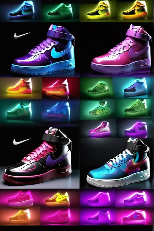 Prompt: Colorful and Gradient Nike Air Force One Sneakers, perfect polished, black backgound, 3D render, hyper realistic