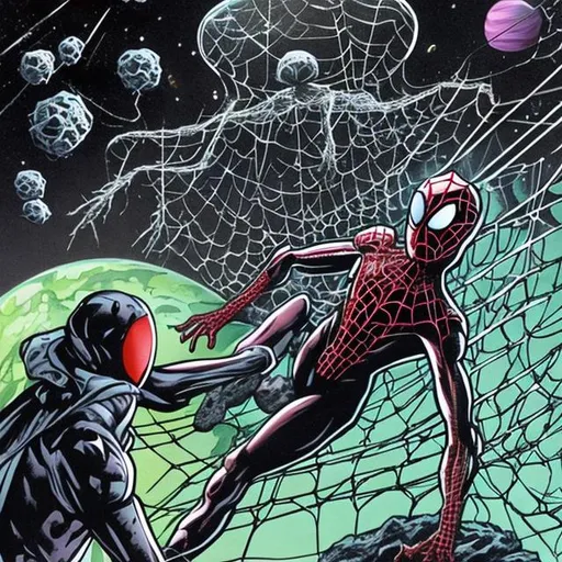 Prompt: Spoder man in space fiting a space god with his webs

