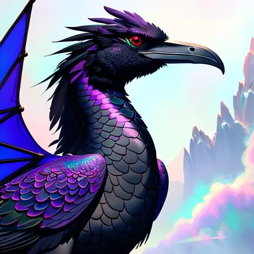 Prompt: raven dragon, pastel colors, reflective, perfect composition, hyperrealistic, super detailed, 8k, high quality, trending art, trending on artstation, sharp focus, studio photo, intricate details, highly detailed, Trending on Artstation, Cozy wallpaper, Pastel colors, soft lighting