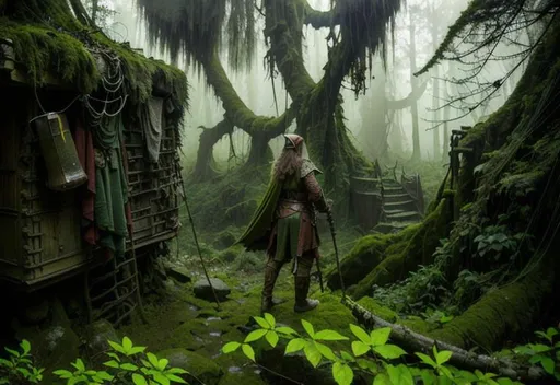 Prompt:  elven hunter wanderer, worn clothes, cloak, leather, belts and pouches, pack and gear, multilayred outfit, in a mossy, decaying, rusty and worn,  intricate detail,  show antennas and wires and circuits, old apocalyptic city wasteland overgrown by oppressive huge forest, vines, plants and roots growing, cracking through walls, 3d render,  high detail,