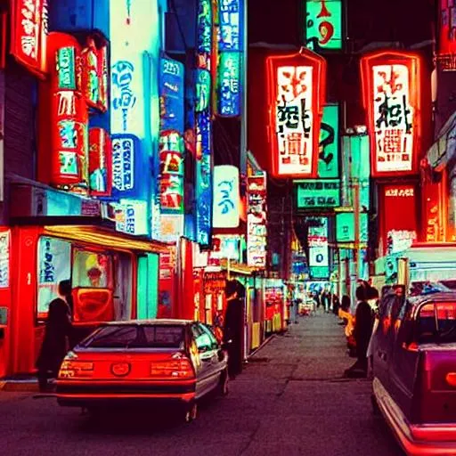 Prompt: The photograph captures the vibrant energy of the streets of Japan in the 90s. The predominant color is a bright, electric red, which is cast by neon lights that illuminate the scene. The lights create an otherworldly ambiance, drawing the viewer into the bustling cityscape. In the foreground, a line of cars can be seen, their headlights glowing like beacons against the red backdrop. The photograph evokes a sense of motion and liveliness, with the cars appearing to blur as they speed by. Overall, the composition is striking and memorable, a nostalgic glimpse into a bygone era