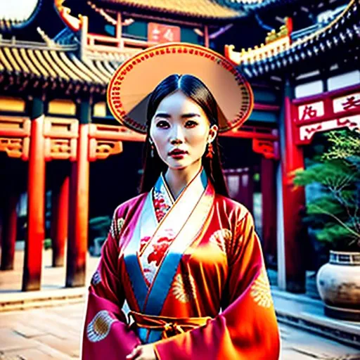 Prompt: An Asian woman wearing a necktie with a traditional Chinese robe, Hanfu, the person is wearing a mix of western wear and East Asian attire, the person is wearing a fancy fez, the person is surrounded by domed buildings with Chinese roofs, landscape, realistic, photograph