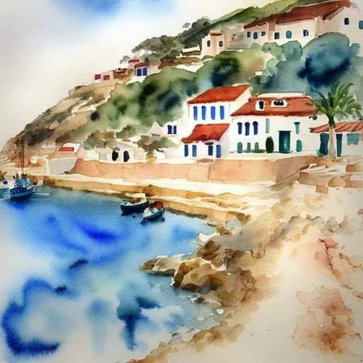 Prompt: VILLAGE BY THE BEACH IN ALGARVE.  DAY LIGHT. WATERCOLOR. 