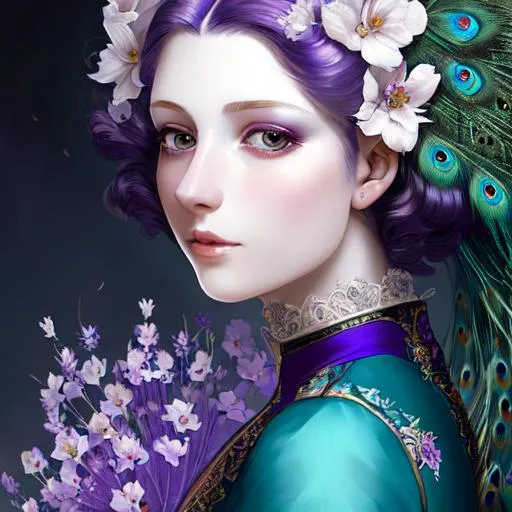 Prompt: dynamic composition of a pale skinned woman with hair of flowers and peacock plummage  of aqua and purple, ornate details,facial closeup