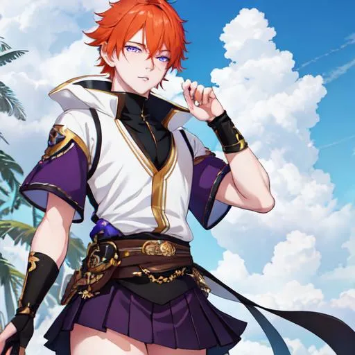 Prompt: Erikku male adult (short ginger hair, freckles, right eye blue left eye purple) UHD, 8K, Highly detailed, insane detail, best quality, high quality, anime style, wearing a skirt, masculine
