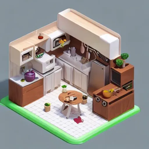 Prompt: Tiny cute isometric kitchen in a cutaway box, soft smooth lighting, soft colors, 100mm lens, 3d blender render