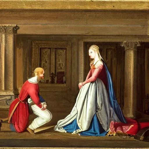 A princess giving a knighting a man kneeling at a th... | OpenArt