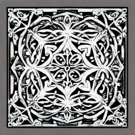 Prompt: a black and white coloring page of a wooden sign with intricate scrollwork