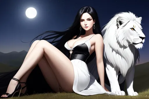 Prompt: portrait of a gorgeous  Evil and  grim-looking  woman  ,black hair ,  lustful  eyes, wearing  long white slip  ,  sitting on a high hill with a sitting  Beautiful  White lion , at night . The wind is blowing her hair and clothes, creating a sense of movement and drama, Pretty girl, perfect anatomy, centered, highly detailed, character sheet, artstation, concept art, smooth, sharp focus, illustration,intricate, elegant, 8K,  unreal engine 