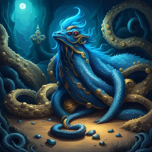 Prompt: a pirate dragon-octopus with a gradient blue skin, and serpentine body, wearing jewelry, reptilian scales,  a detailed background, a beach at night, guarding an ornate-looking treasure chest, gemstones, rubies, emeralds, diamonds, gold coins on the floor, piles of gold, dragon's hoard, traditional art, D&D, HD