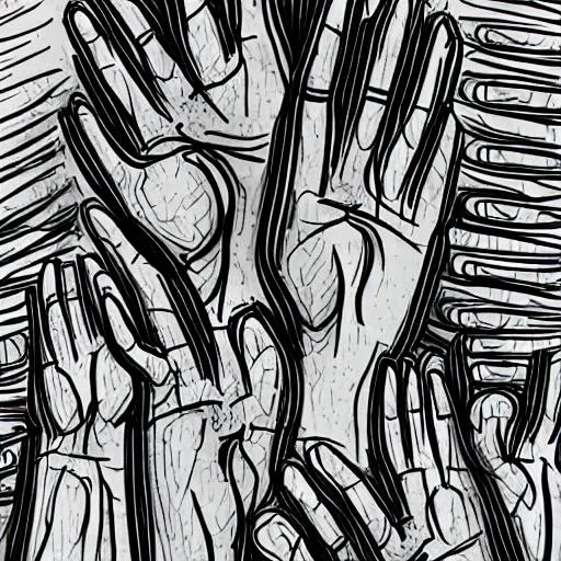 Prompt:  A bunch of hands, digital sketch, with shaky and sharp lines.