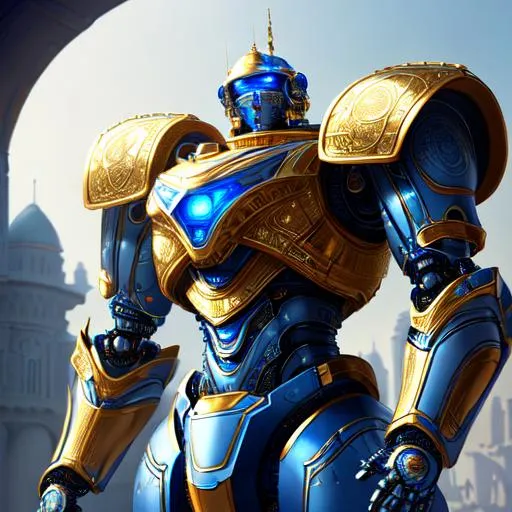 Prompt: create most beautiful photograph of most beautiful fictional, robot, Persian style, blue, white, golden, Royalistic, extremely, detailed environment, detailed background, intricate, detailed skin, natural colors , professionally color graded, photorealism, 8k, moody lighting.