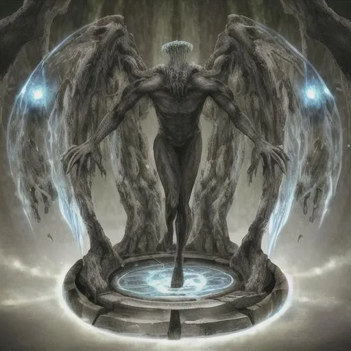 Prompt: A Nephilim steps with his feet trough a portal to another world.  Photorealistic. Hyperrealistic