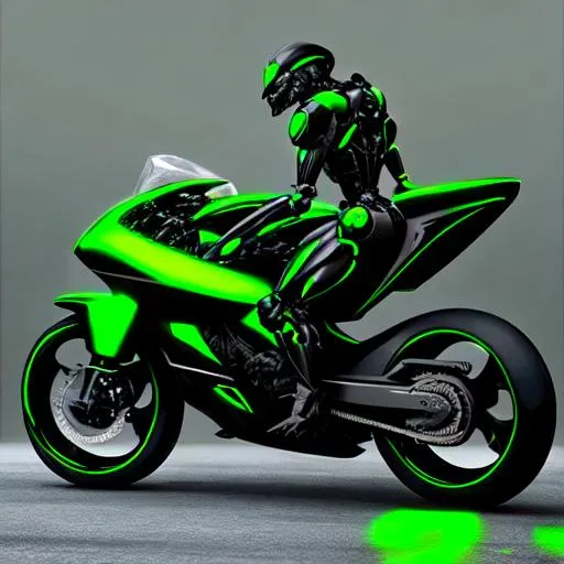 Prompt: Futuristic robot, agile, dangerous, green and black, realistic, exposed mechanics, strong, full body picture, riding motorcycle