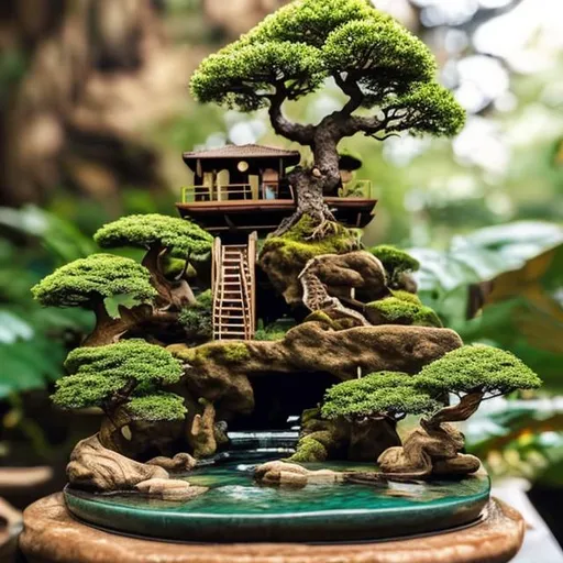 Prompt: tiny wooden zoo with bonsai trees and waterfalls
