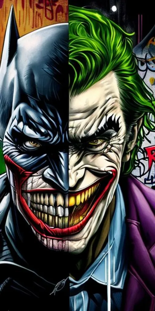 Prompt: hyperrealistic split-face portrait of batman and joker, extremely detailed features but separate facial features,  graffiti art background 
