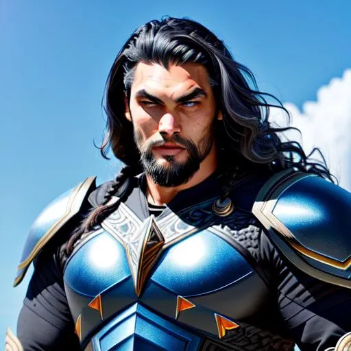 Prompt: High quality, Jason Momoa, dark grey hair, two block hair, intricate warfare armor, facial hair, intricate detail, blue sky, colorful ambient, full Body, hyper realistic, HDR, Artstation.