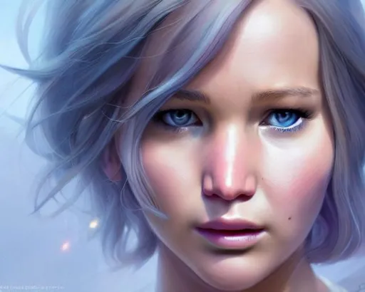 Prompt: Closeup face portrait of a {Jennifer  Lawrence as a Jedi master}, smooth soft skin, big dreamy eyes, beautiful intricate colored hair, symmetrical, anime wide eyes, soft lighting, detailed face, by makoto shinkai, stanley artgerm lau, wlop, rossdraws, concept art, digital painting, looking into camera