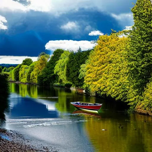 Prompt: long shot scenic professional photograph of a calm river with a small boat with closed mast,  perfect viewpoint, highly detailed, wide-angle lens, hyper realistic, with dramatic sky, polarizing filter, natural lighting, vivid colors, everything in sharp focus, HDR, UHD, 64K