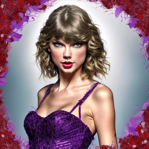 Prompt: generate me a Taylor Swift album cover concept with no words whatsoever on it as a redisign of her 2010 album cover for Speak Now, which features a portrait of taylor in a long, tulle violet or red gown, an aesthetic true to her era of Speak Now and Speak Now (Taylor's Version). it must be highly realistic detailed, 4k HD with sunlight shining over taylor, a detailed body with no words. it must be full body, with her whole gown visible and a white background, with flowers all over her gown