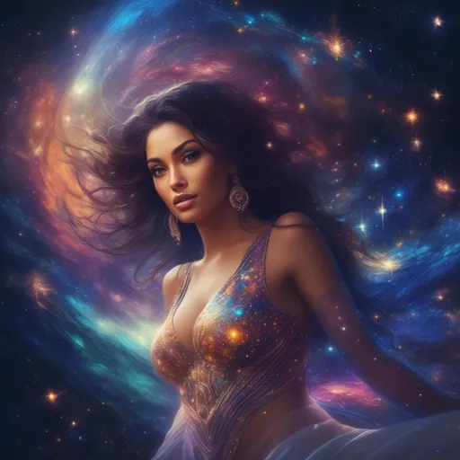 Prompt: exquisitly hyper detailed, colorful, sparkly, glowing Goddess in a revealing, filmy, see thu, flowing dress, incredible all body form of a incredible bodied, incredibly beautiful faced woman with a buxom perfect body falling backwards through space, nebulas, stars, planets, the milky way and galaxies, shooting stars