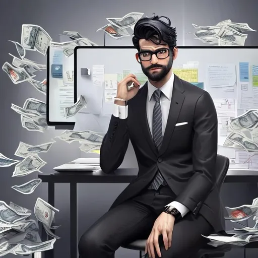 Prompt: A rich, young and handsome businessman with glasses, age not more than 27, short black hair, light stubble beard , wearing a nice black suit, sitting in his office at a desk, with an apple laptop nearby, bundles of money in the table, excited, symmetrical, perfect composition, hyperrealistic, super detailed, 8k, high quality, Splash art, front, epic Instagram, artstation, hyperdetailed intricately detailed, unreal engine, intricate detail, splash screen, complementary colors, concept art, 8k, heavy strokes, splash arts, full height, full body focus