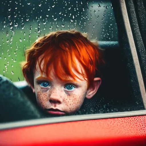 Prompt: rainy day , red haired freckled 
 little boy looking through the car window , sad look

