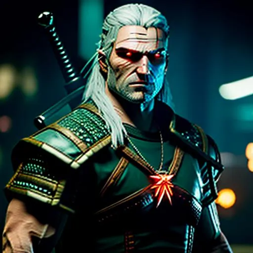 Prompt: The Witcher as a cyberpunk 2077 villain. Photo realistic. Highly detailed. In game graphics. 