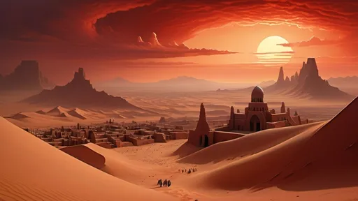 Prompt: ancient walled city in foreground, darkest night, ancient tatooine architecture, no trees, no bushes, no grass, no leafy vegetation, rocky desert alien planet setting, rocky mountainous region, mushroom orchards, in the style of frank herbert's dune, stormy night sky filled with red clouds, dust haze, red fog, sand storm, highly detailed, photo-realistic, hyper-real