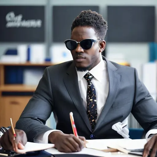 Prompt: Black man seated at desk wearing expensive suit. Wears sunglasses and has close cut hair 