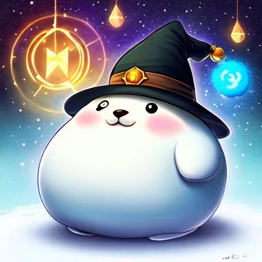 Prompt: (((fat round seal))) wearing (((wizard hat))), (((fluffy))) art style of sam yang and james jean! cute (((magic))) (((witchcraft))) (((spells))) surrealism, magic