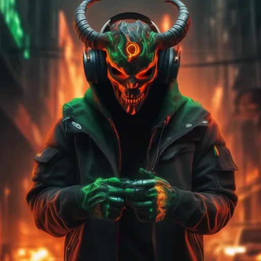 Prompt: Demon, horns, mask, headphones, hoodie, cyberpunk apocalypse, fire , sci fi, ruins, blood, midnight, 8k, highest quality, orange green black grey orange, sharp focus, studio photo, intricate details, highly detailed, UHD, HDR, 8K, ((Masterpiece))