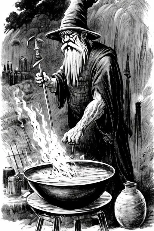 Prompt: crazy elderly wizard with long beard and hat standing cooking barbecue grilling black and white ink drawing oval frame "Frank Frazetta"