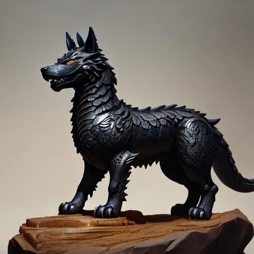 Prompt: obsidian statue of a four legged canine like dragon, perfect composition, hyperrealistic, super detailed, 8k, high quality, trending art, trending on artstation, sharp focus, studio photo, intricate details, highly detailed, by greg rutkowski, illustration, watercolor