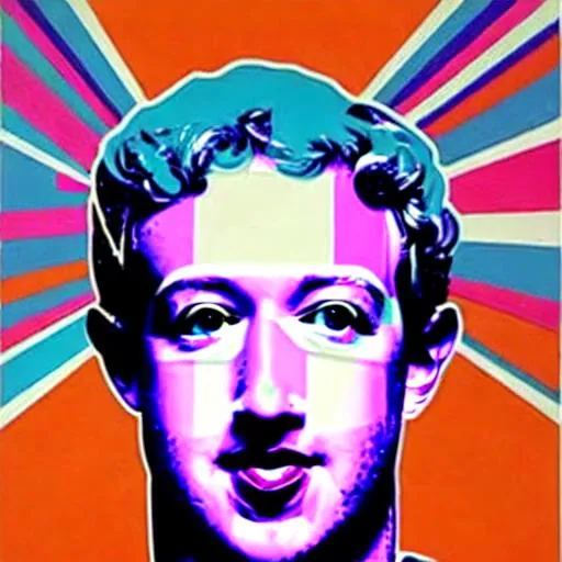 Prompt: breathtaking (pop art) of Mark Zuckerberg alien recognizable weird awkward famous Caesar big detailed eyes cultural icon in the retro style of warhol