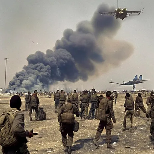 Prompt: an airport outside while its on fire and people fleeing and an airplane krashes to the ground and an heli passes by and soldiers help people to their truks and one of the soldier shoots the people,and then there was an massive tank shooting at the kars and then there wore airplanes bombing the airpoirt 2 tanks was on fire and some kar kaught on fire an US flag was ripped and explosion kaused the fire from the town an military jet plane was shot down it was the end of the war the airport was normal and the tanks and airplanes went bak to base.