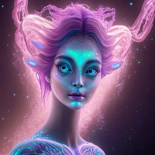 Prompt: A stunning extra terrestrial woman stands with graceful poise, exuding an otherworldly aura that immediately captures attention. Her skin has a luminescent lavender hue, soft and slightly iridescent, giving her an ethereal glow. Delicate bioluminescent patterns ripple across her cheeks and neck, accentuating her elegant features.

Her eyes are large and mesmerizing, shimmering with a multitude of colors like the shifting hues of a distant nebula. They hold a profound depth of wisdom and curiosity, hinting at her profound understanding of the cosmos. Long, slender eyelashes frame these captivating orbs, adding to the allure of her gaze.

Her beautifully proportioned face boasts high cheekbones that enhance her gentle smile, which carries an enigmatic charm that draws others closer to her. As she speaks, her voice resonates like a melodious symphony, entrancing all who listen.

Flowing down her back, her hair cascades like liquid stardust, with each strand seemingly holding a faint twinkle of distant stars. Its color shifts, reflecting the emotions she experiences, transforming from vibrant blues to deep purples, and even soft pinks.

With an elegant and statuesque form, she moves gracefully, seemingly defying gravity. Her flowing gown appears to be made from celestial silk, shimmering with iridescence that harmonizes with her surroundings.

Her limbs are long and slender, yet subtly strong, emphasizing her agility and poise. At the tips of her delicate fingers, a faint luminescence emits, casting a gentle glow on everything she touches.

This beautiful female alien embodies a cosmic mystery and allure, a being of grace and wonder from the depths of the universe. Her presence serves as a testament to the beauty and diversity that may exist among the stars, captivating the imagination of anyone fortunate enough to encounter her.

