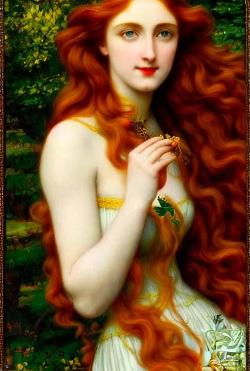 Prompt: Pre-Raphaelite fantasy woman, portrait, loose wavy long red hair, bright green eyes, smiling, siren, ethereal