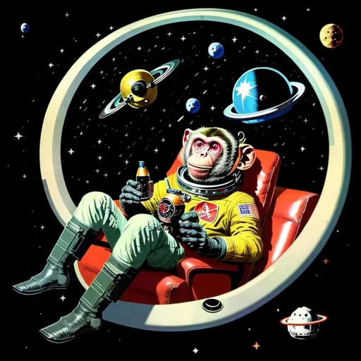 Prompt: A Space monkey with soviet space helmet Sitting in a recliner in space drinking a PBR with legs kicked up relaxing looking into a black hole in a 1960's soviet era propaganda style and color scheme 
 


