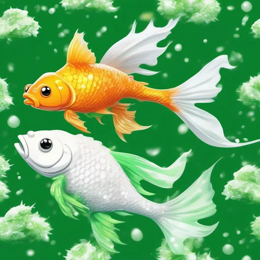 Prompt: Goldfish the winged wattle, vivid spikey green with snow-like white fins, masterpiece, best quality, in cartoon style
