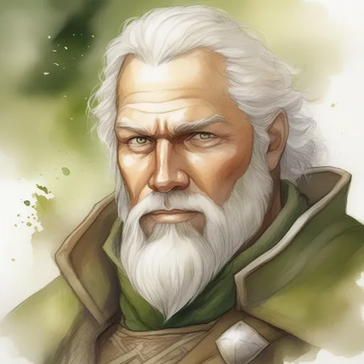 Prompt: Watercolor fantasy artwork. Portrait of a Caucasian male, around 40, fair but weathered complexion. he wears an olive-green brigandine. Snow-white hair and grey eyes. Short trimmed white beard. he has the air of a fantasy ranger, with an expression of wisdom and serenity.