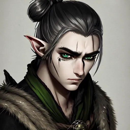 Prompt: A woodelf male with a silver manbun hair,rotten black right eye,left green eye,sad,serious 